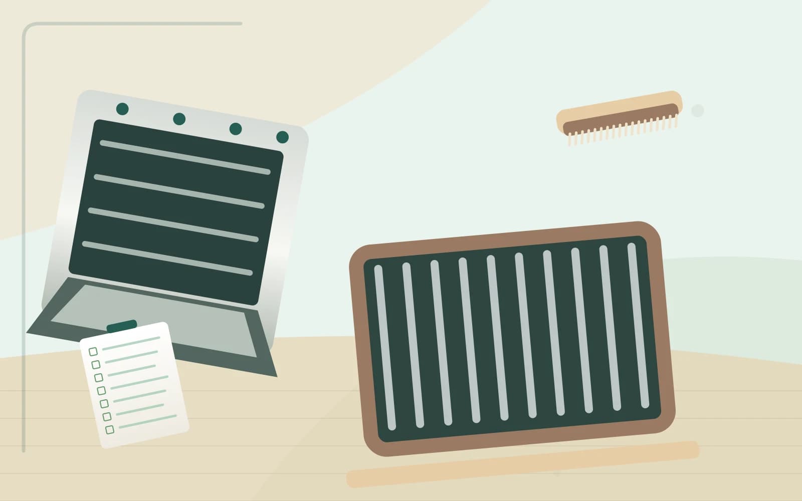 Close view of a well-used barbecue grill and detached oven rack on a protective tray illustrating two distinct appliances.