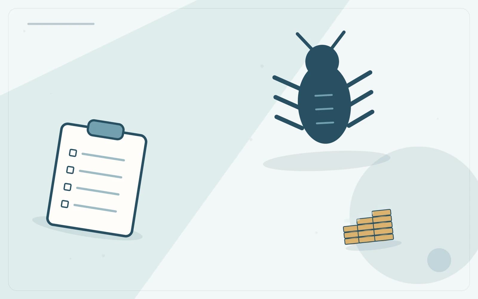 Editorial illustration featuring insect, clipboard, coins for the article “Pest-Control Quotes: Compare Provider, Scope and Treatment Terms”.