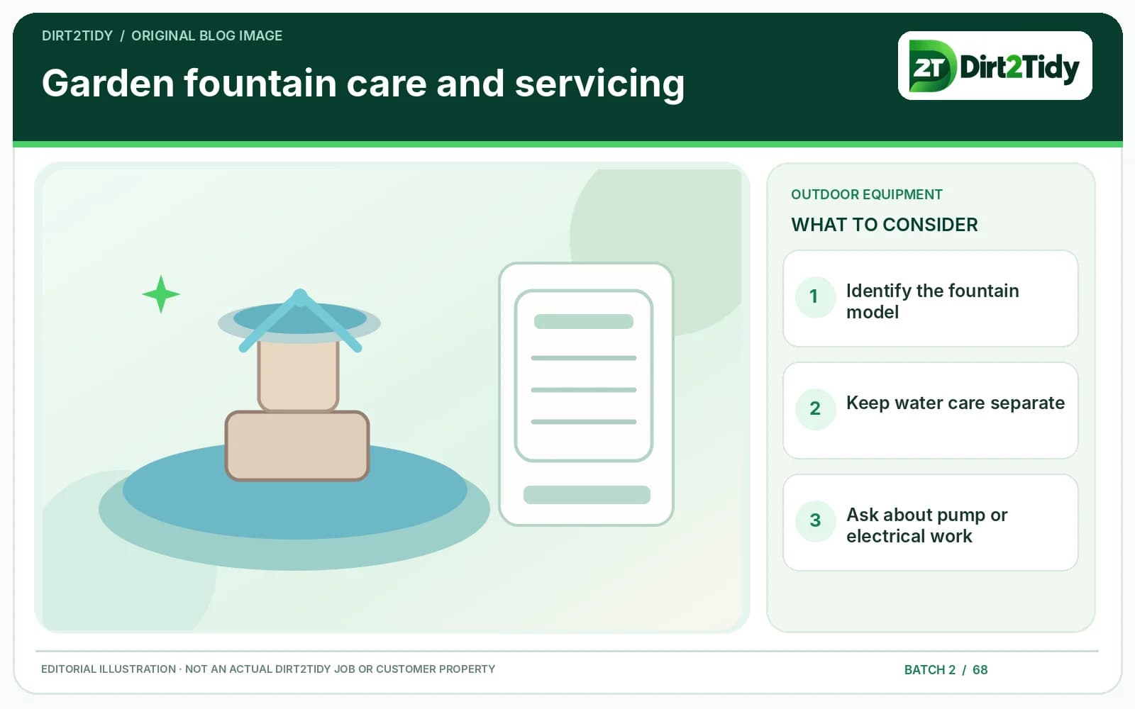 infographic: identify the fountain and installed equipment for garden fountain care: check the model and arrange qualified service