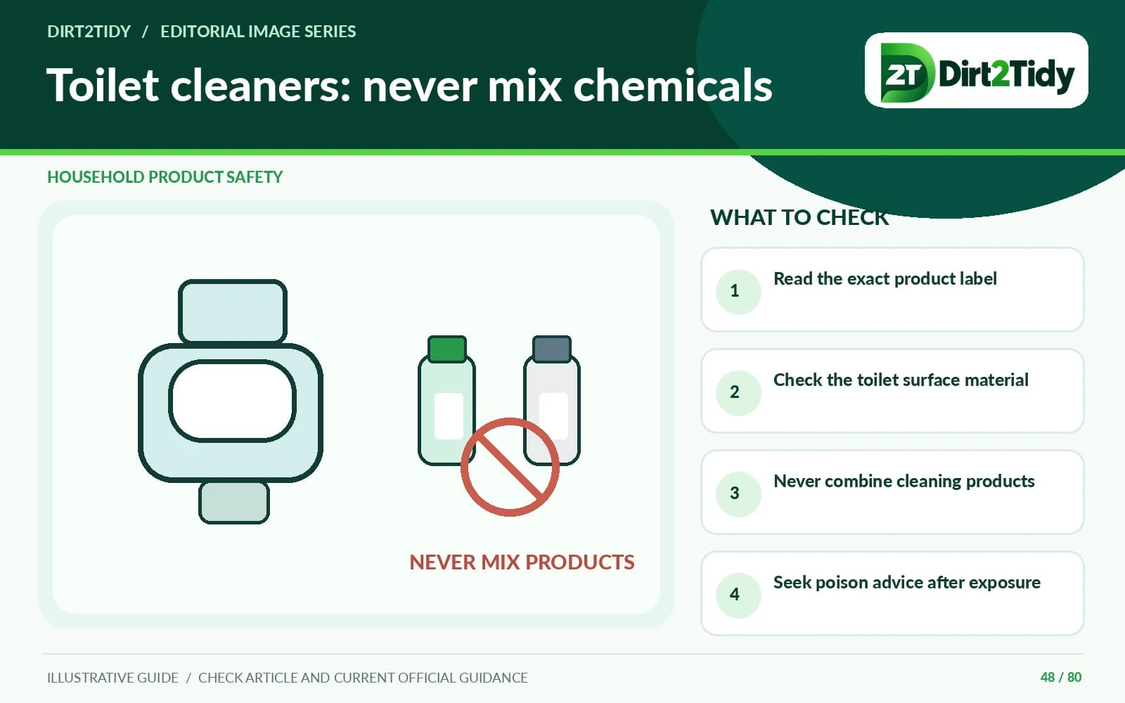 infographic: identify the product and toilet material for toilet cleaning acids: check the label and never mix products