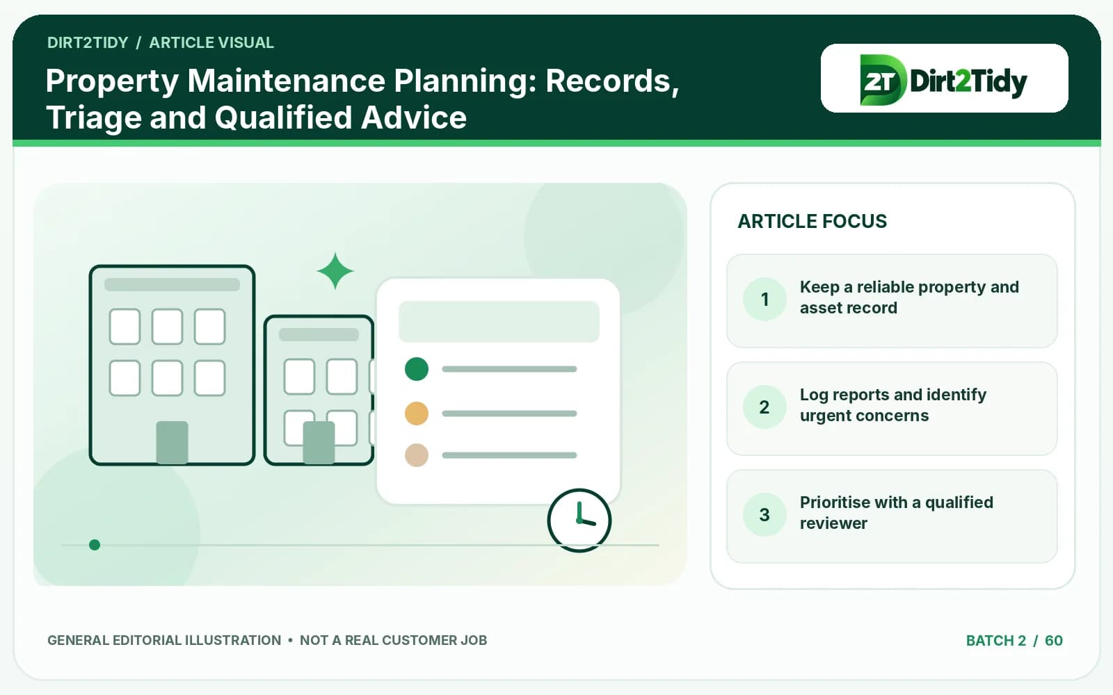 editorial illustration: keep a reliable property and asset record for property maintenance planning: records, triage and qualified advice
