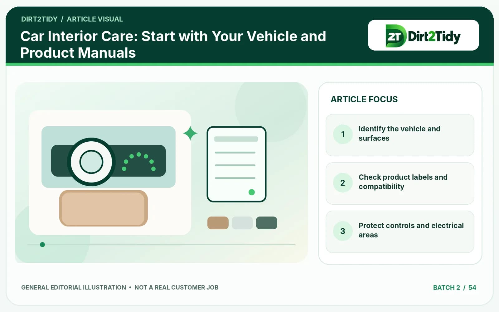 infographic: identify the vehicle and surfaces for car interior care: start with your vehicle and product manuals