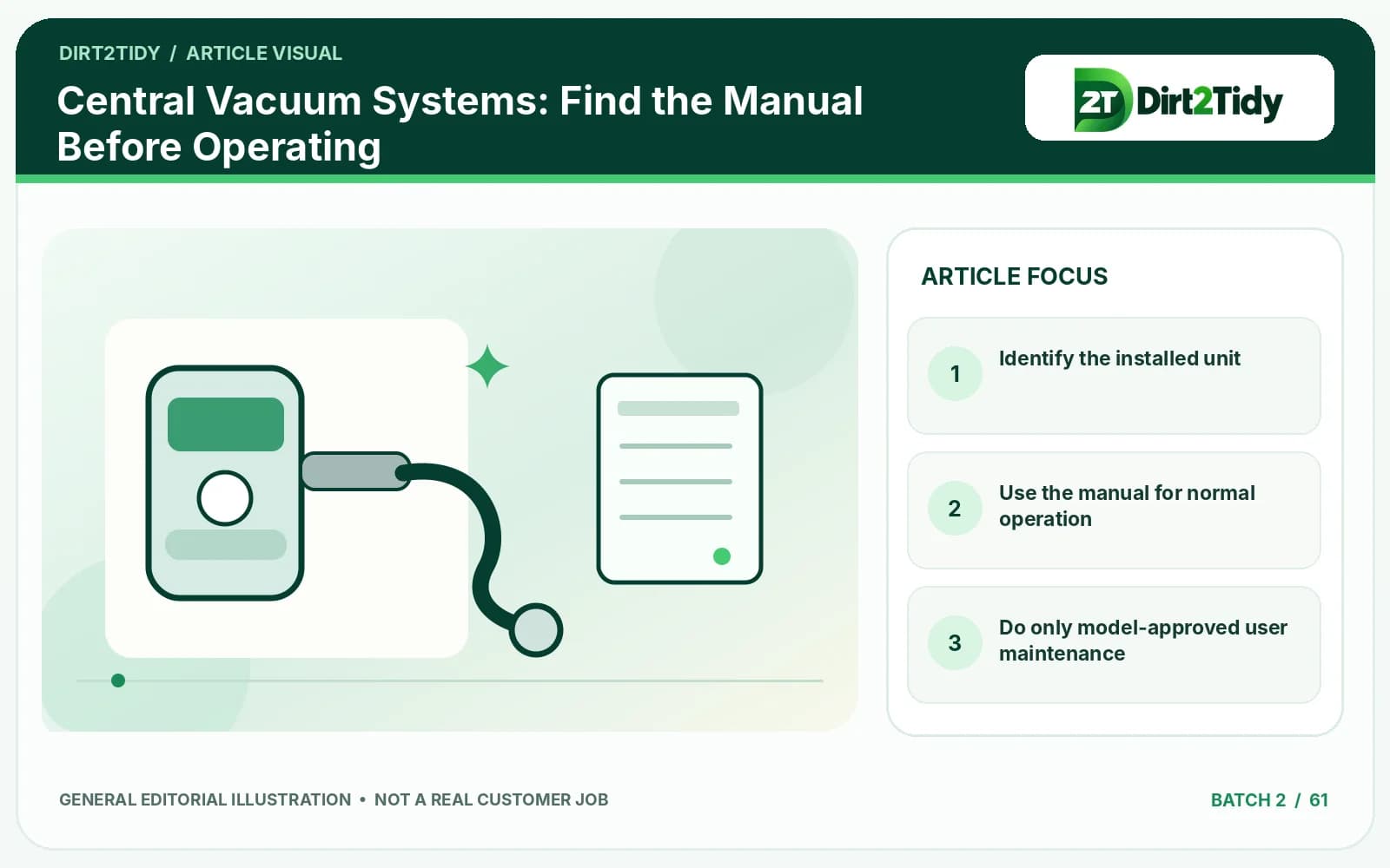 infographic: identify the installed unit for central vacuum systems: find the manual before operating