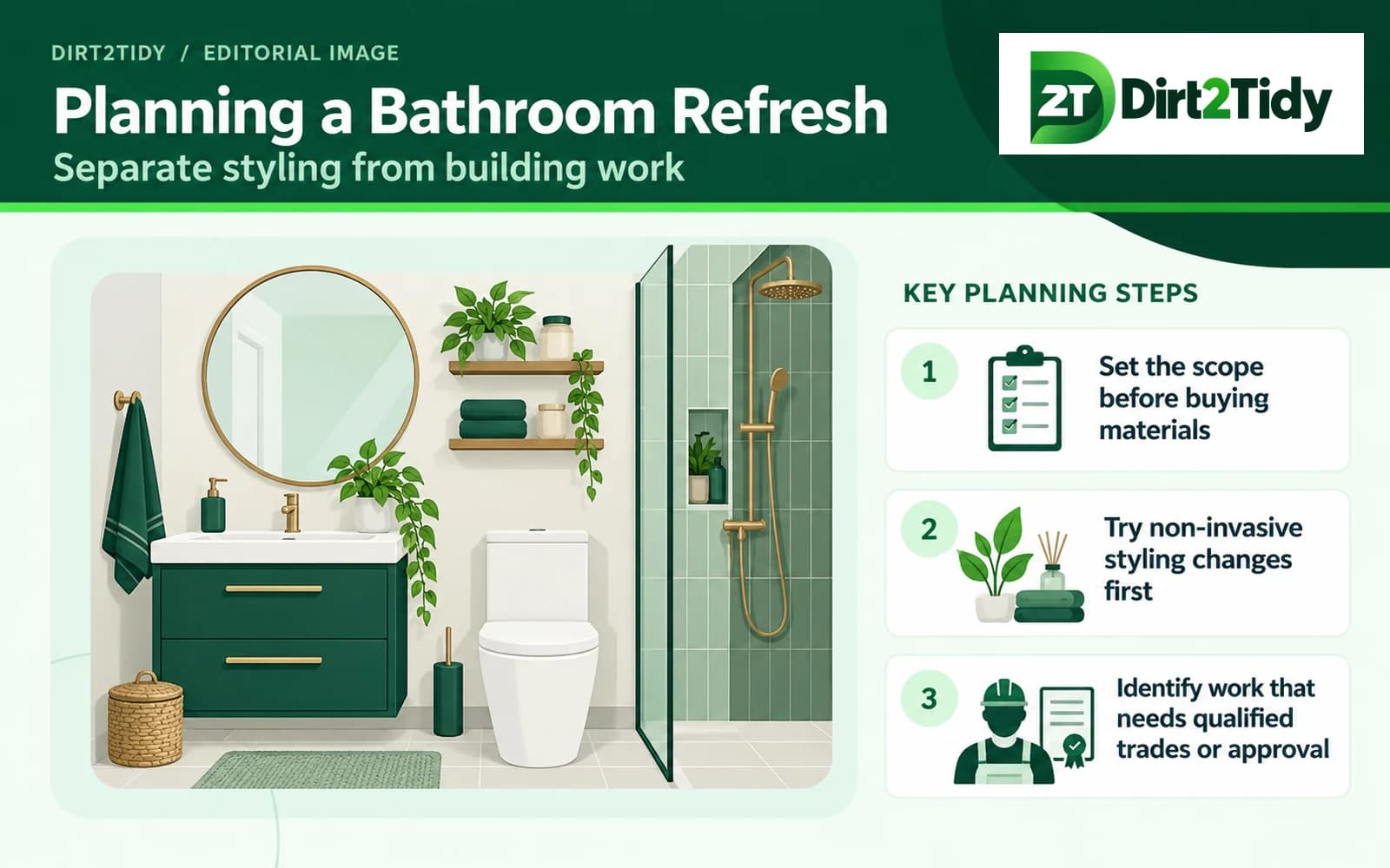 infographic: set the scope before buying materials for planning a bathroom refresh: separate styling from building work