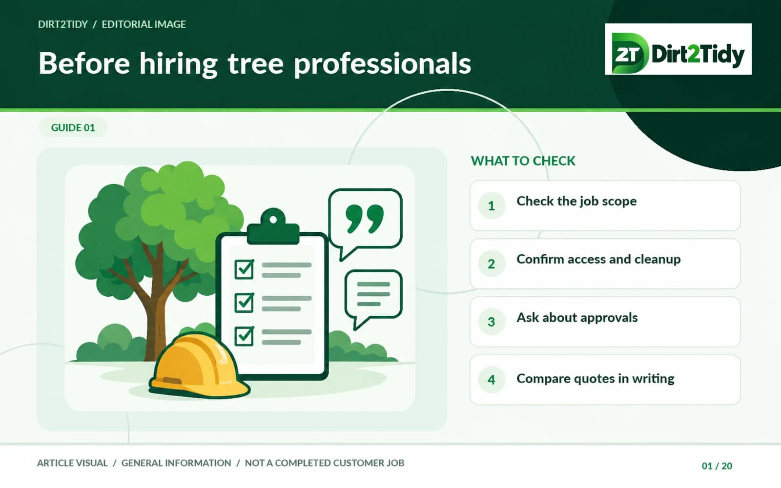 editorial illustration: describe the tree and requested work for hiring a tree professional: verify the work, qualifications and local rules