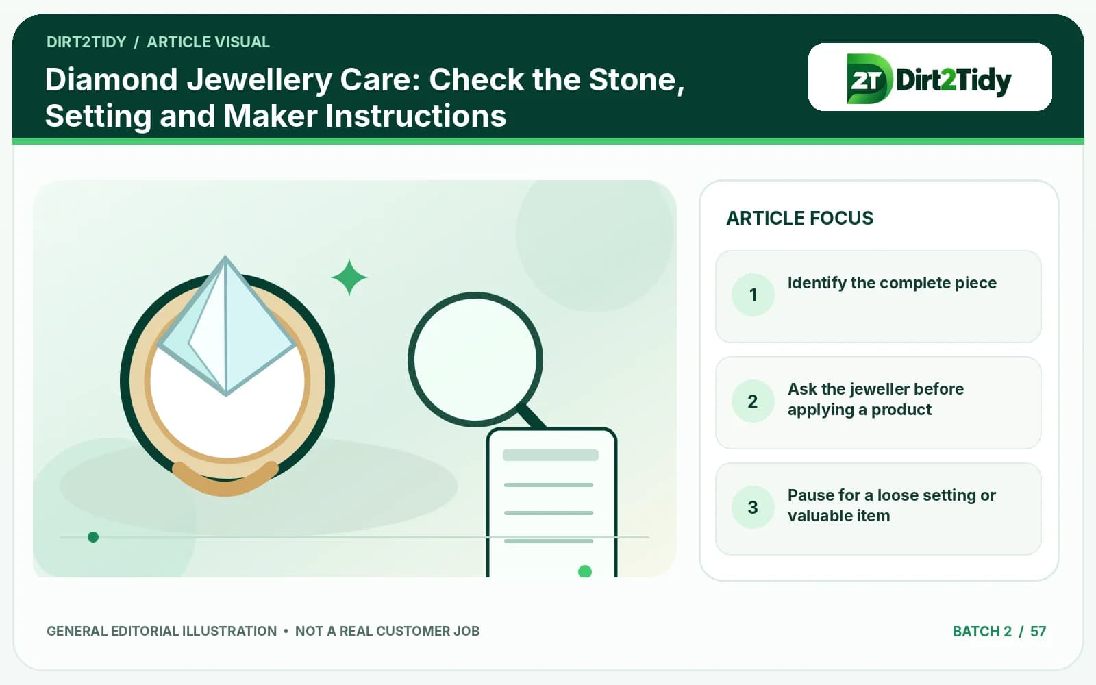 editorial illustration: identify the complete piece for diamond jewellery care: check the stone, setting and maker instructions