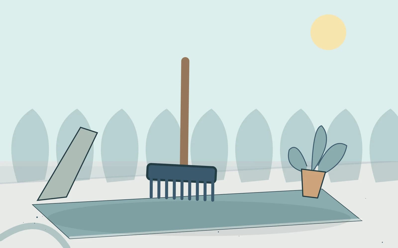 Editorial illustration of a garden rake beside a path and potted plant