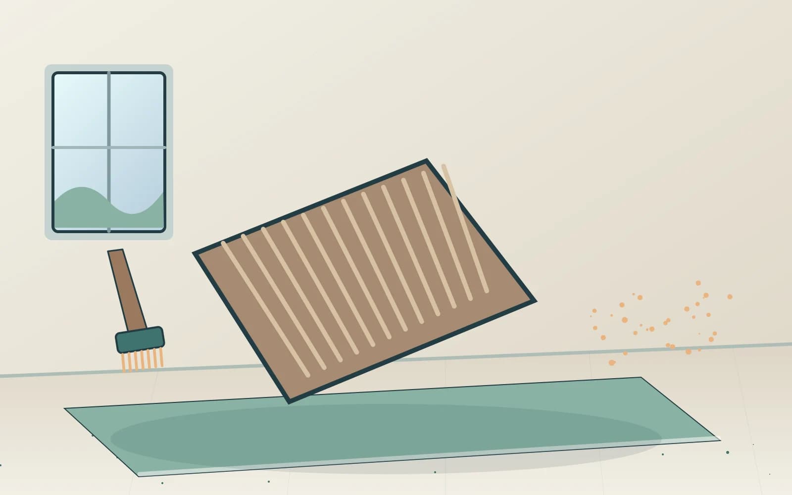 Editorial illustration of a textured doormat with loose grit and brush