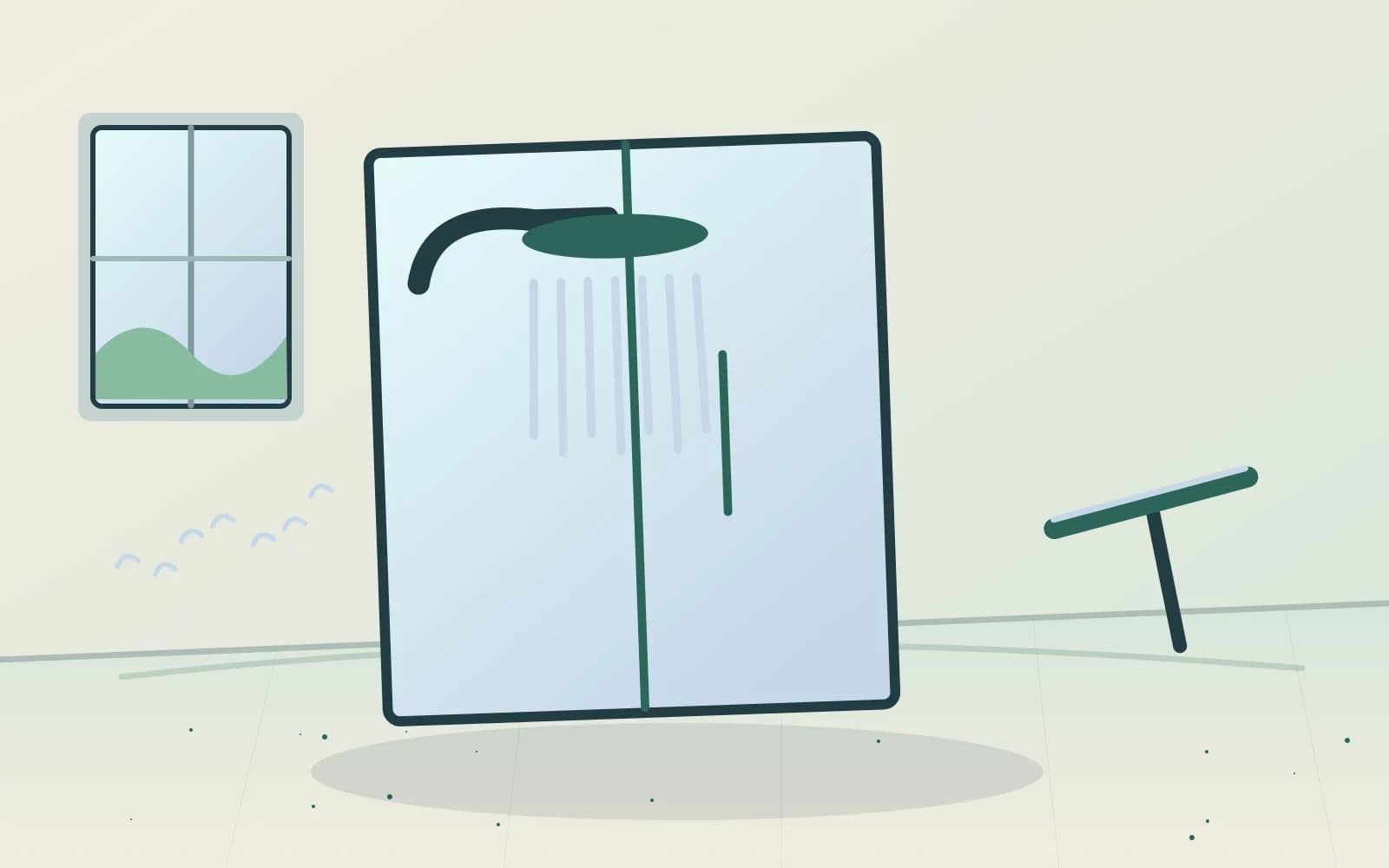 Editorial illustration of a glass shower cubicle with squeegee and water drops