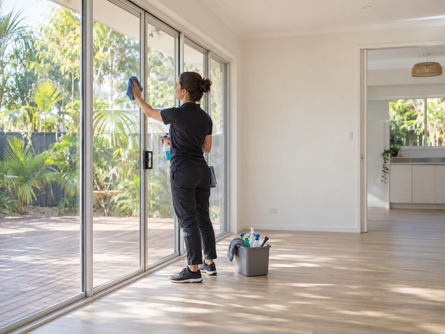 Professional cleaner completing an end of lease clean in an empty Australian rental
