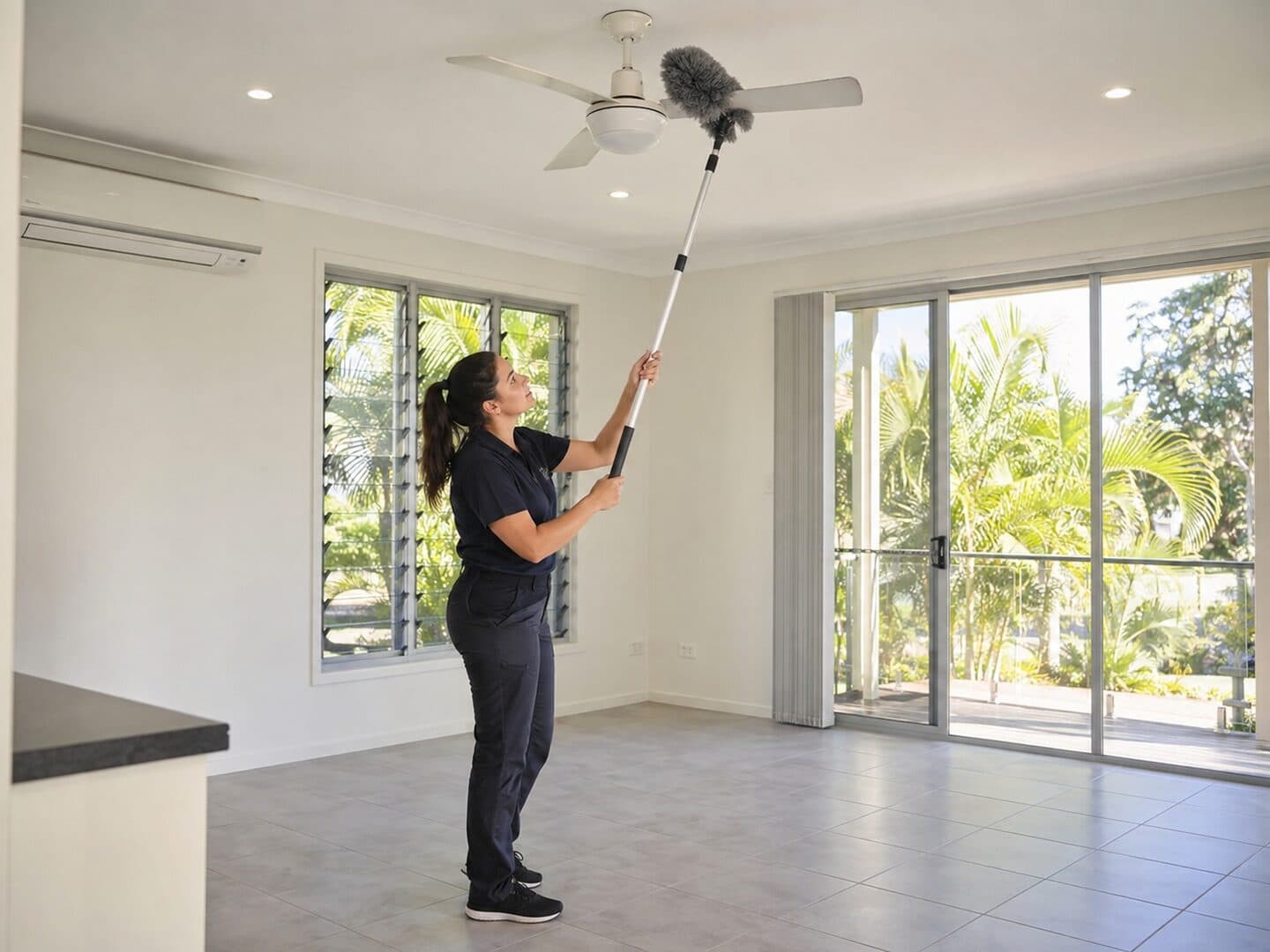 Professional cleaner preparing a rental bathroom for the final inspection