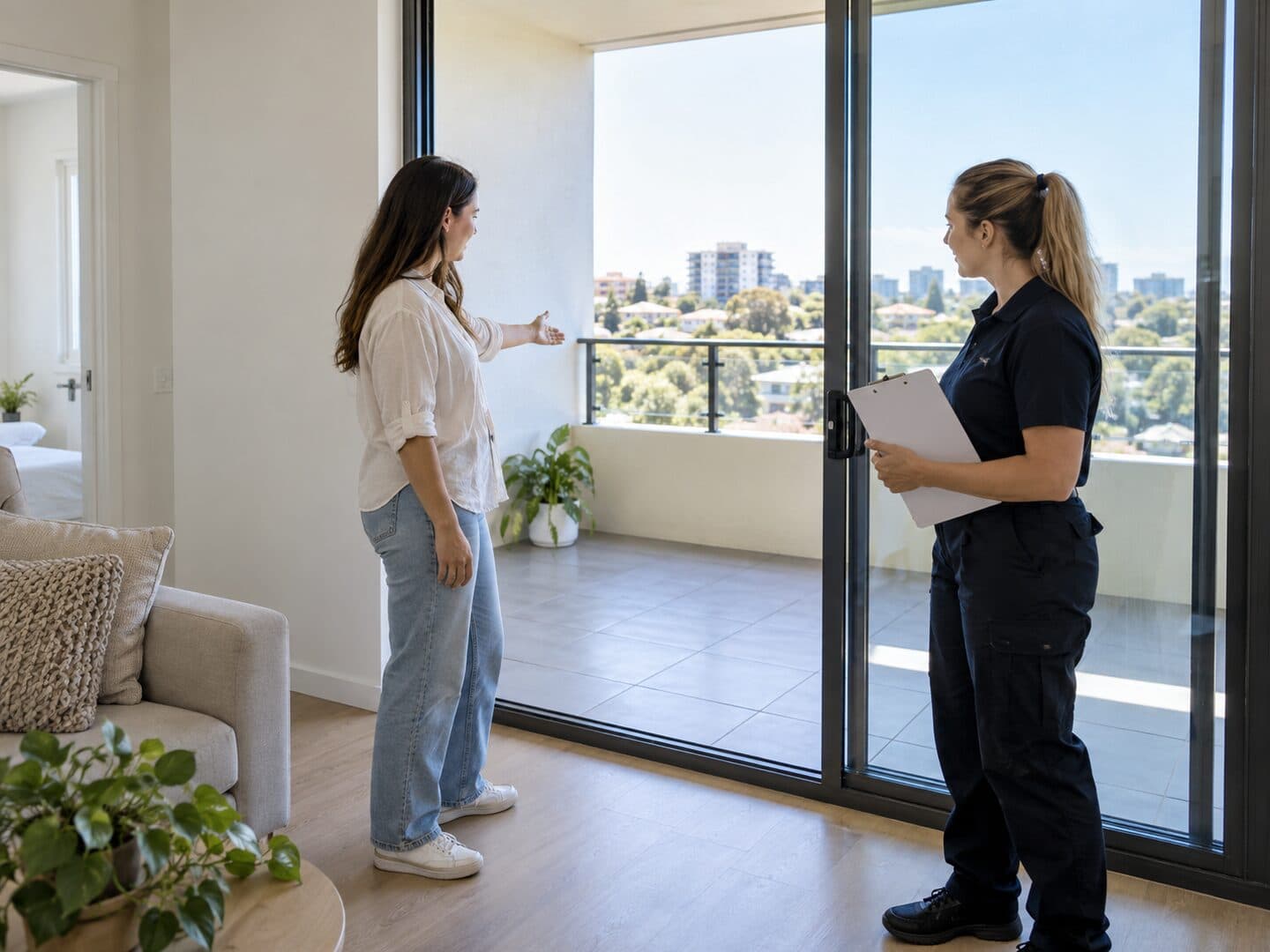 Tenant discussing property access details with an end of lease cleaner