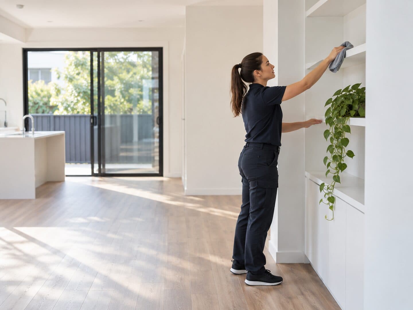 Professional cleaner completing an end of lease clean in an empty Australian rental