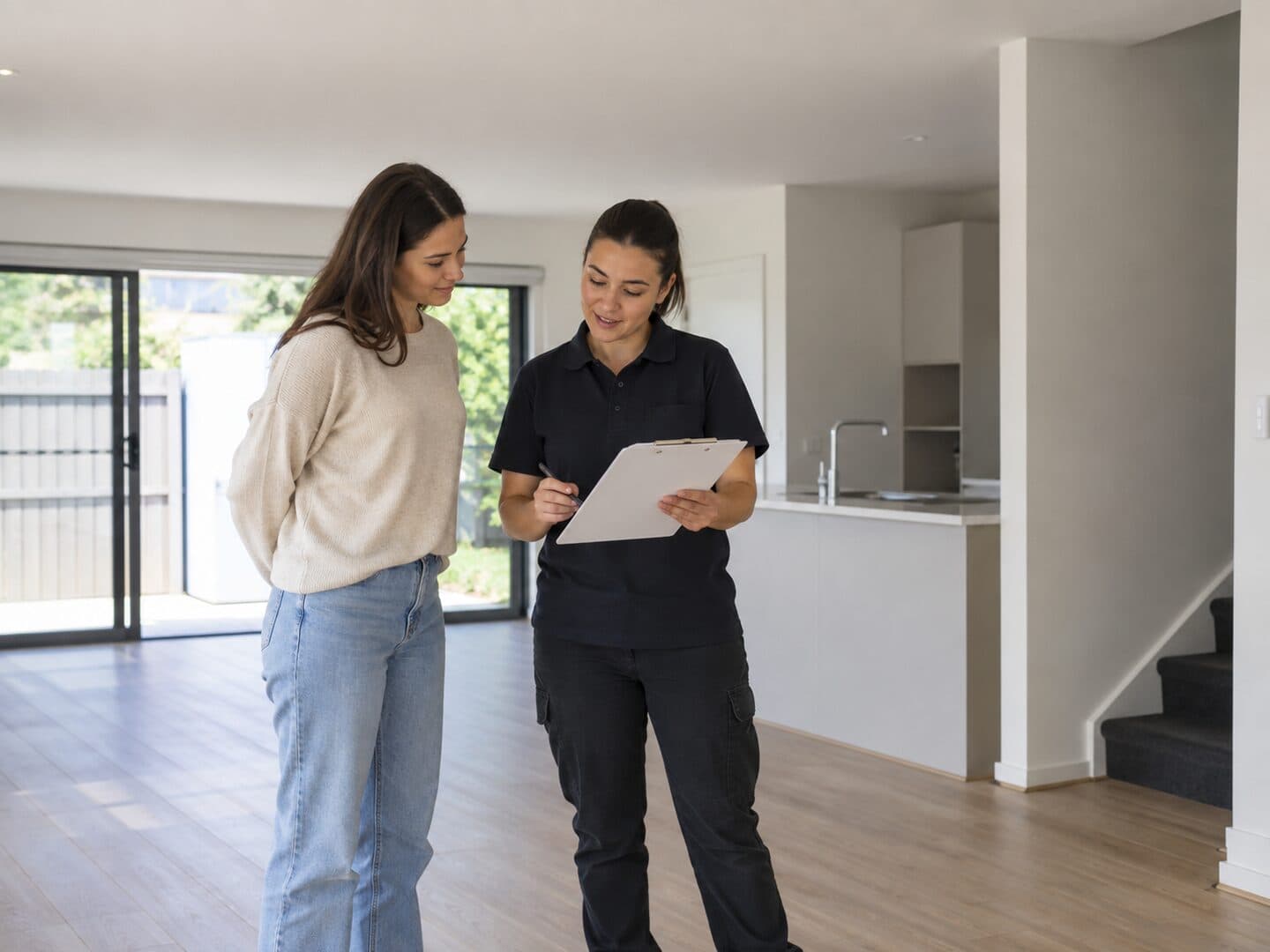 Tenant discussing property access details with an end of lease cleaner