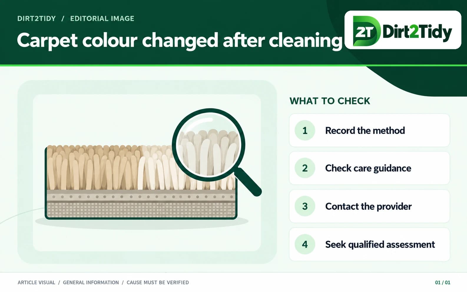 Carpet fibre and backing diagram with steps for documenting a colour change
