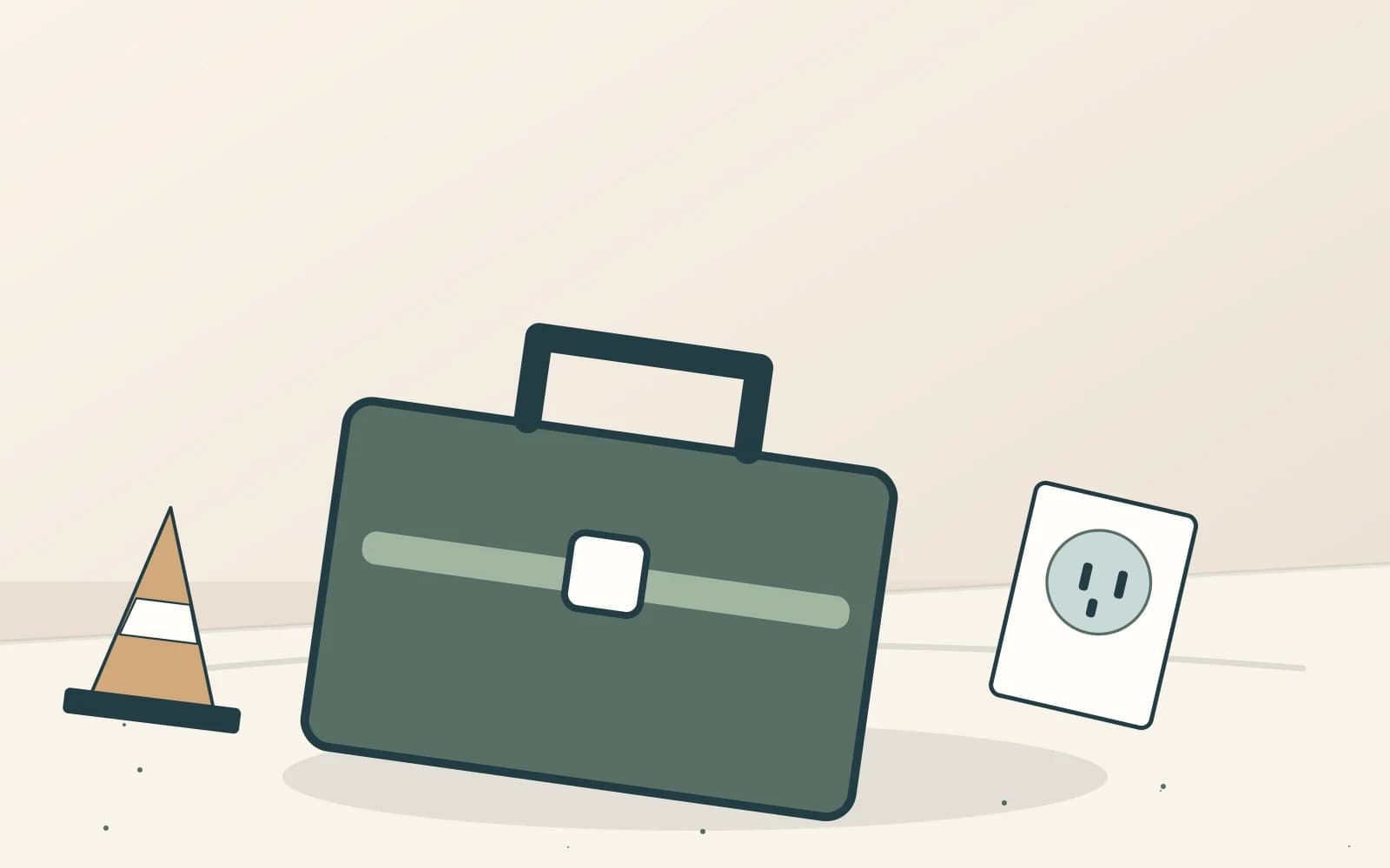 Editorial illustration of an electrical toolbox and socket beside a warning cone