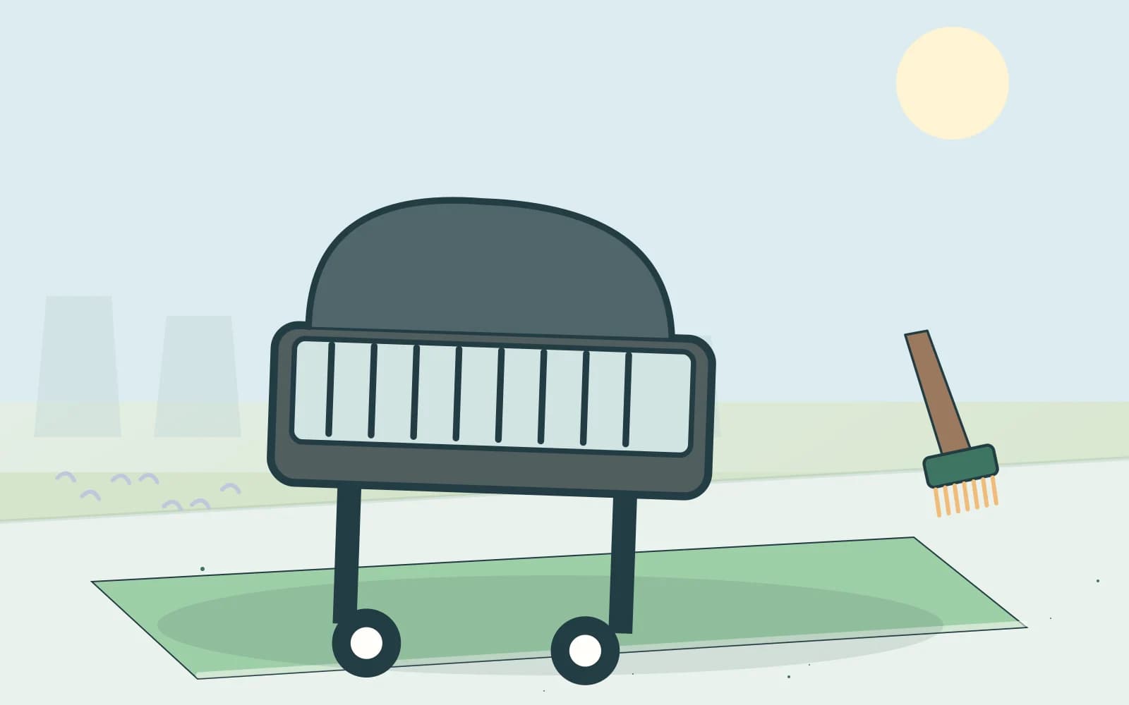 Editorial illustration of a barbecue cooking grill beside a cleaning brush