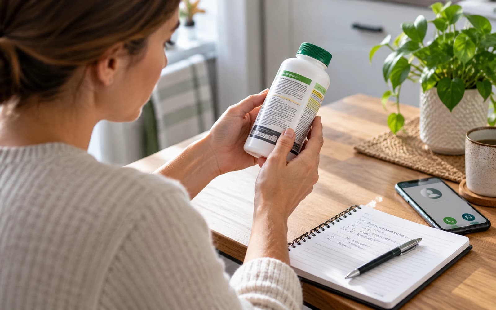 A resident reads a pest-product label and records a concern before asking a licensed local provider