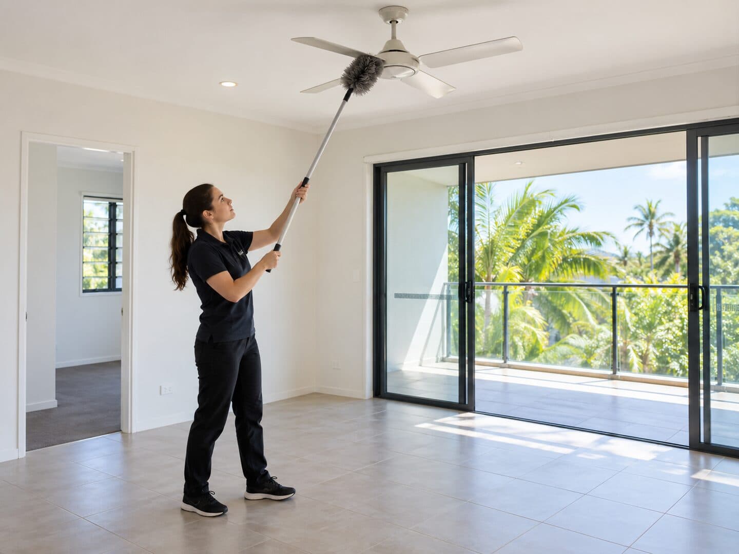 Professional cleaner completing an end of lease clean in an empty Australian rental