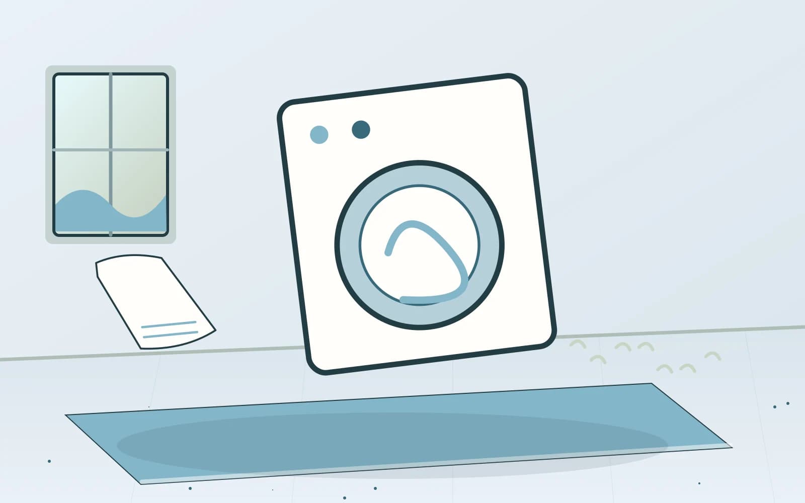 Editorial illustration of a washing machine with folded towels in a laundry