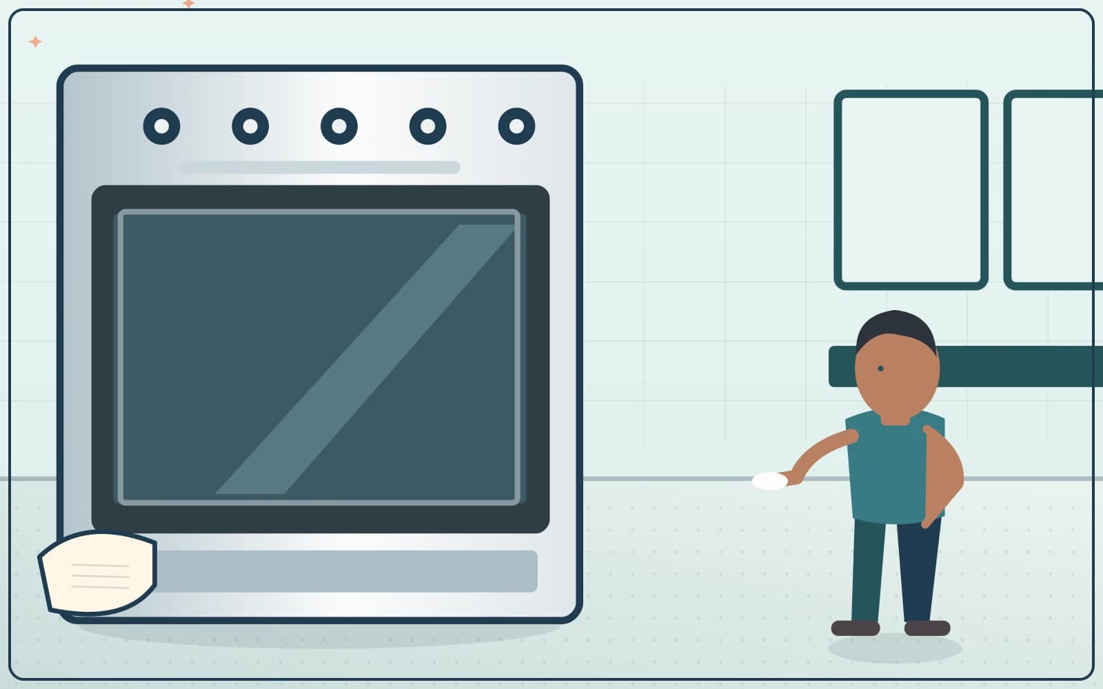 Illustration of a kitchen oven and its exterior being cleaned according to appliance guidance
