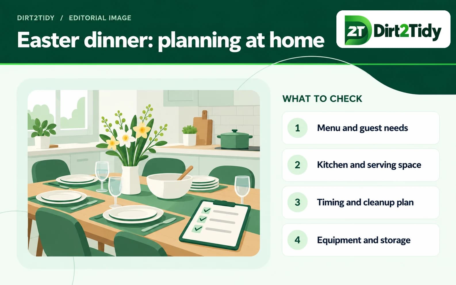 Kitchen table set with a meal-preparation checklist and serving dishes