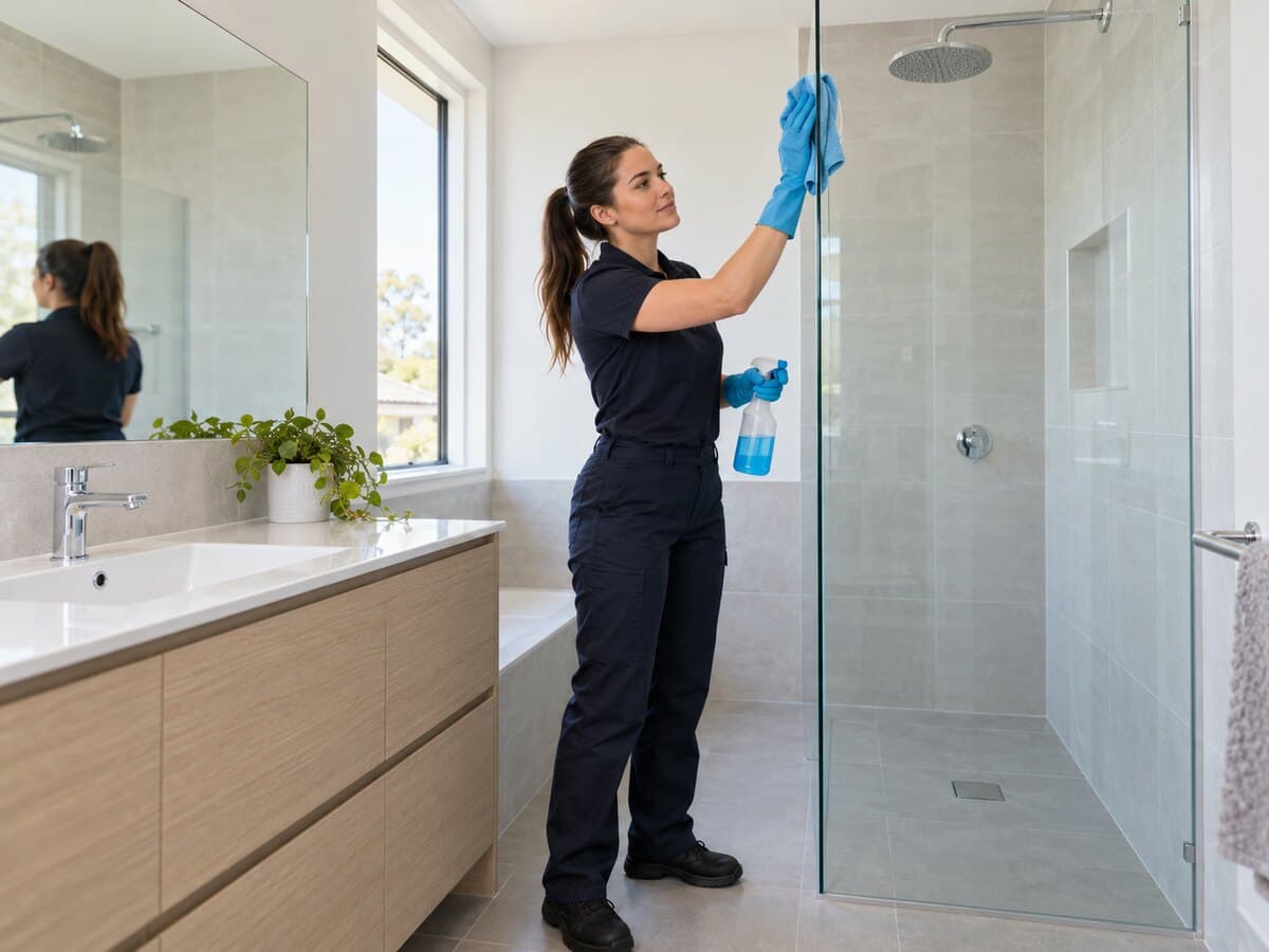Professional cleaner cleaning a rental bathroom before the final inspection