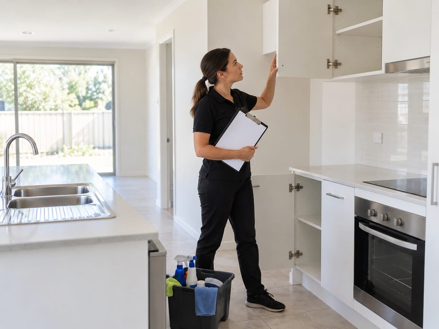 Cleaner working through an end of lease cleaning checklist in an Australian rental