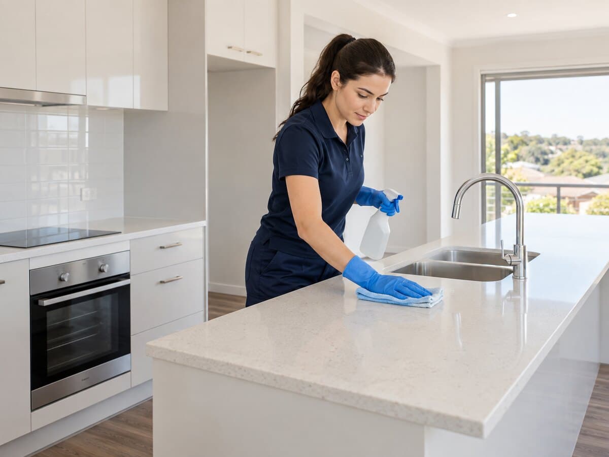 Professional end of lease cleaning in an empty Australian rental kitchen
