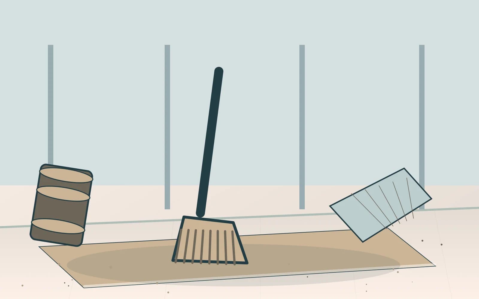Editorial illustration of a mop beside a smooth industrial floor and container