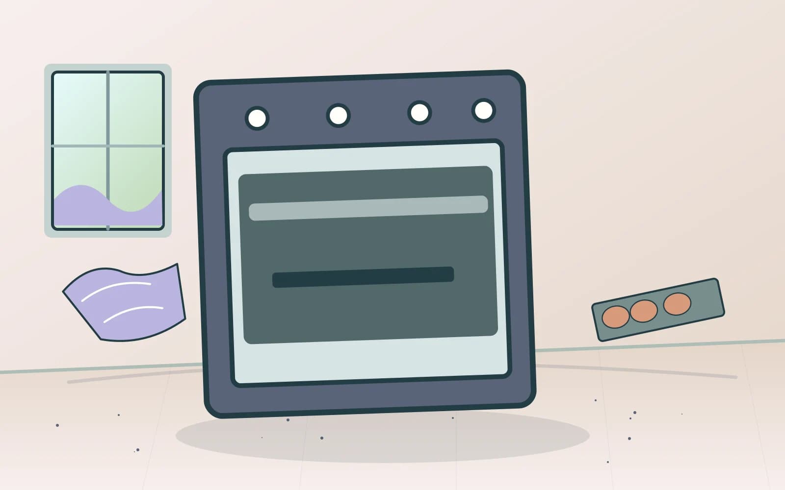 Editorial illustration of a kitchen oven with tray and cleaning cloth