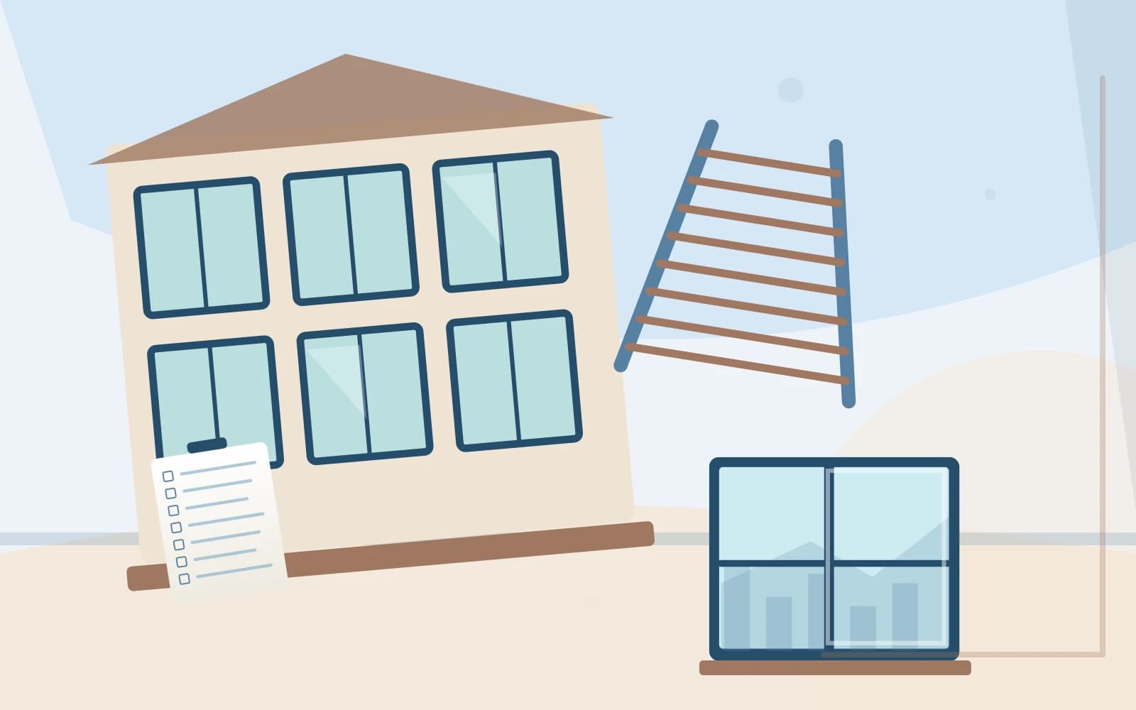 Residential facade's ground-floor and upper-storey windows viewed at angle with access points clear.