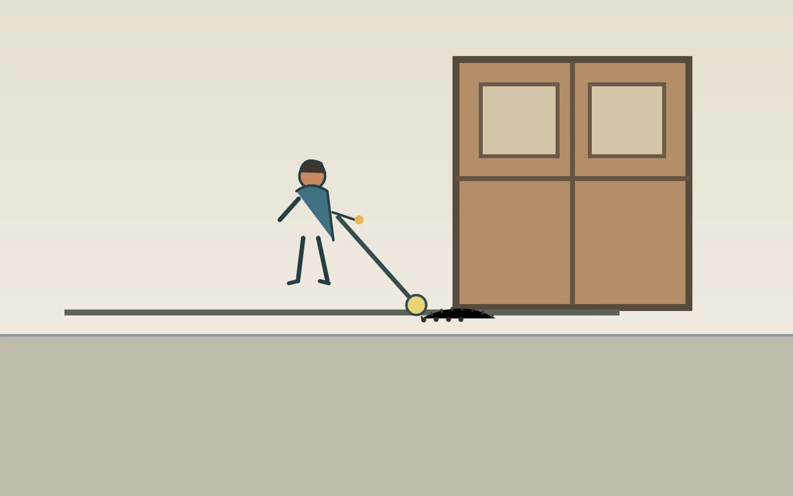 A pest inspector checks an ant trail along a pantry threshold with a torch while the resident observes