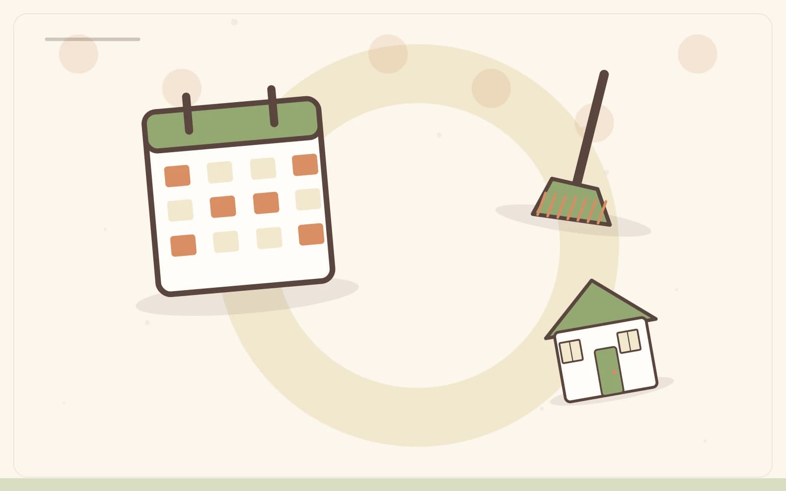 Editorial illustration featuring calendar, broom, home for the article “A Simple Routine to Keep a Home Clean and Tidy”.