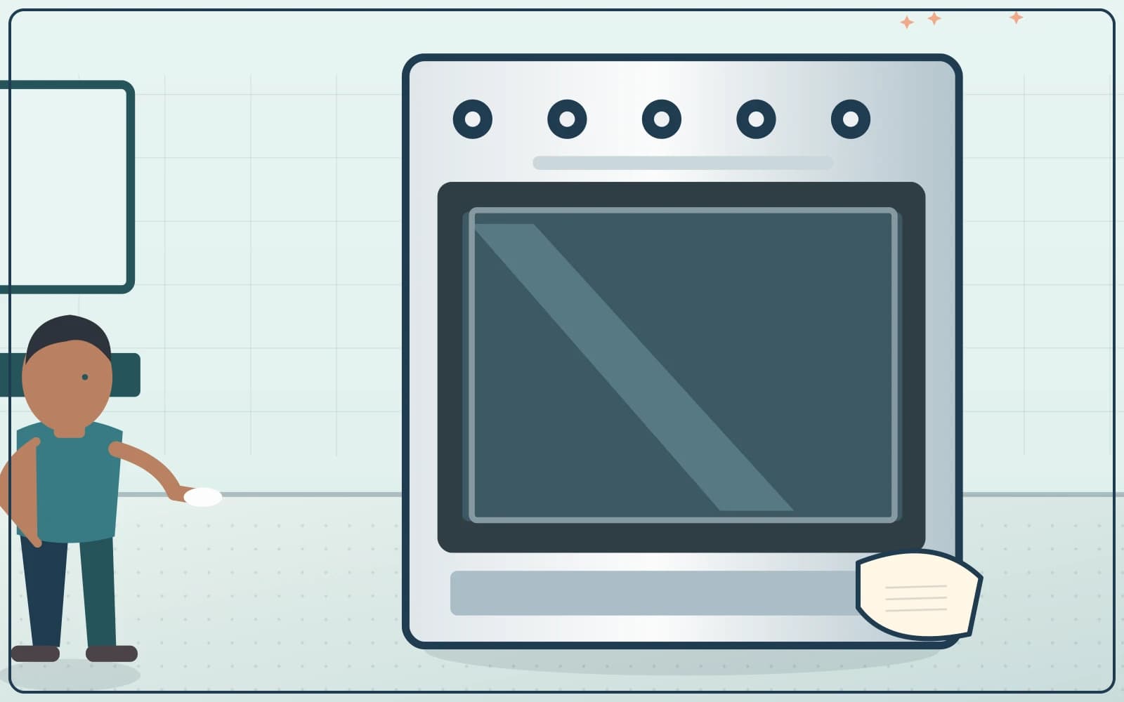 Illustration of a kitchen oven and its exterior being cleaned according to appliance guidance