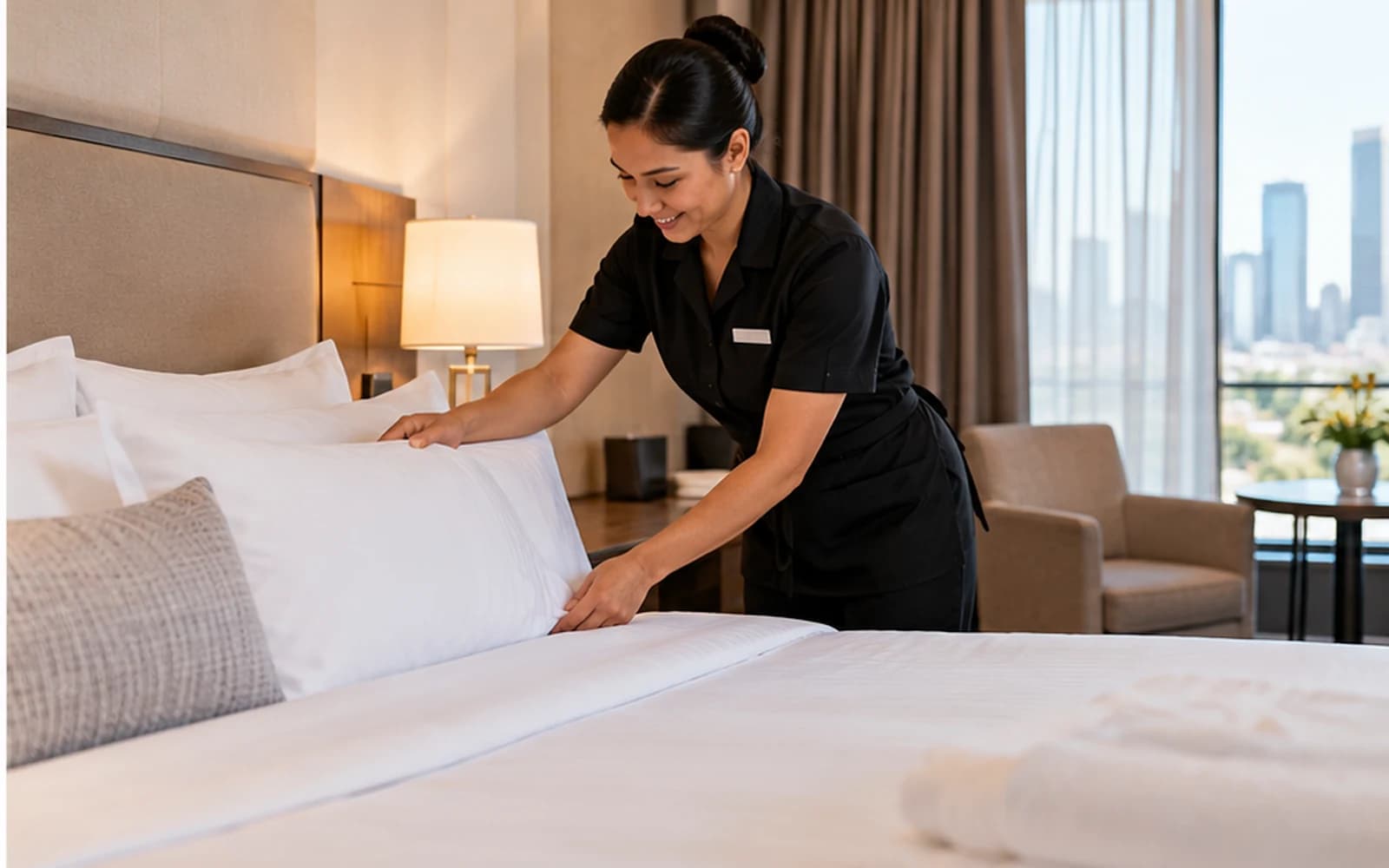 A hotel housekeeper straightens pillows while preparing an unbranded guest room