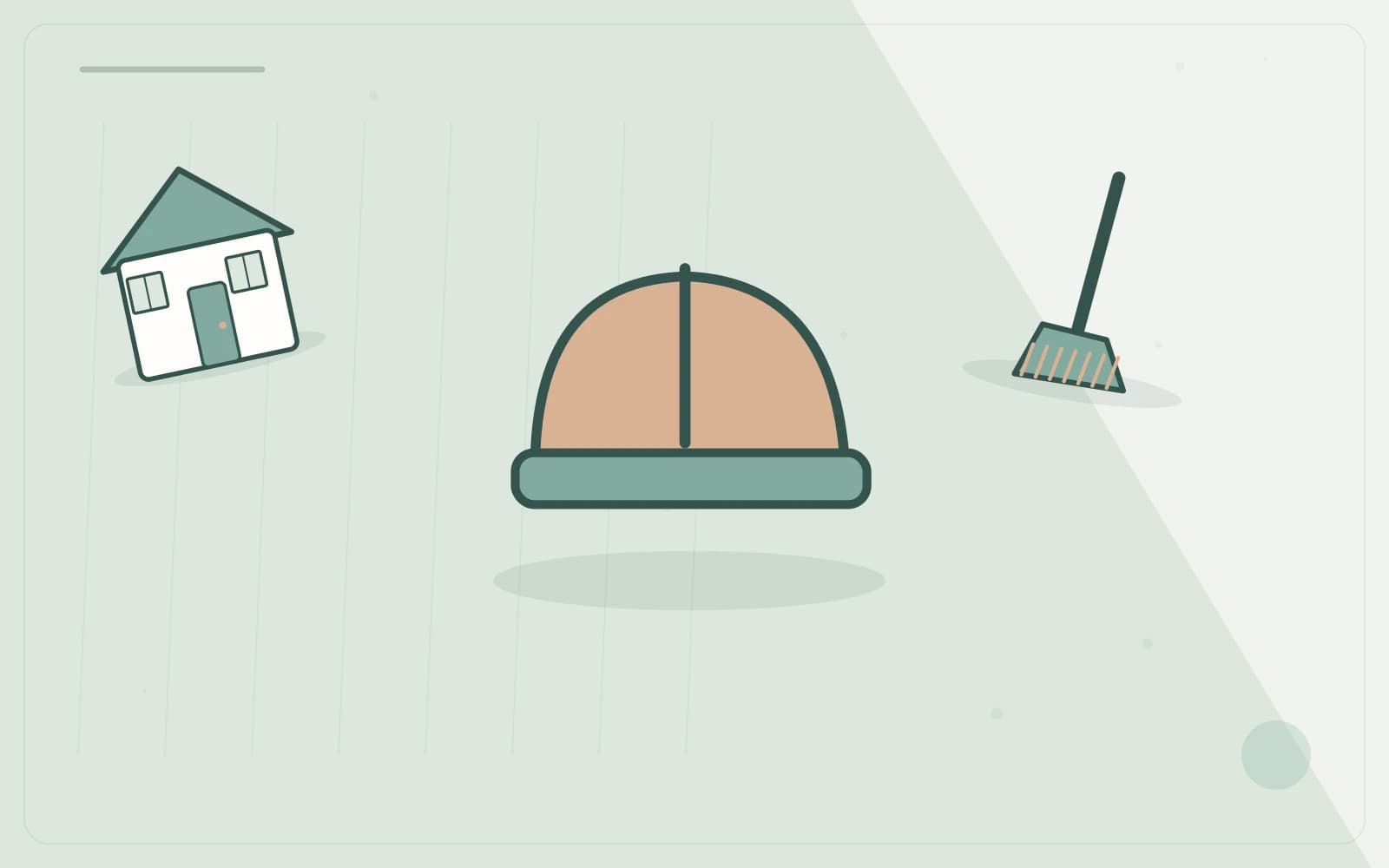 Editorial illustration featuring helmet, home, broom for the article “Cleaning a Newly Renovated Home: Site-Ready Checklist”.