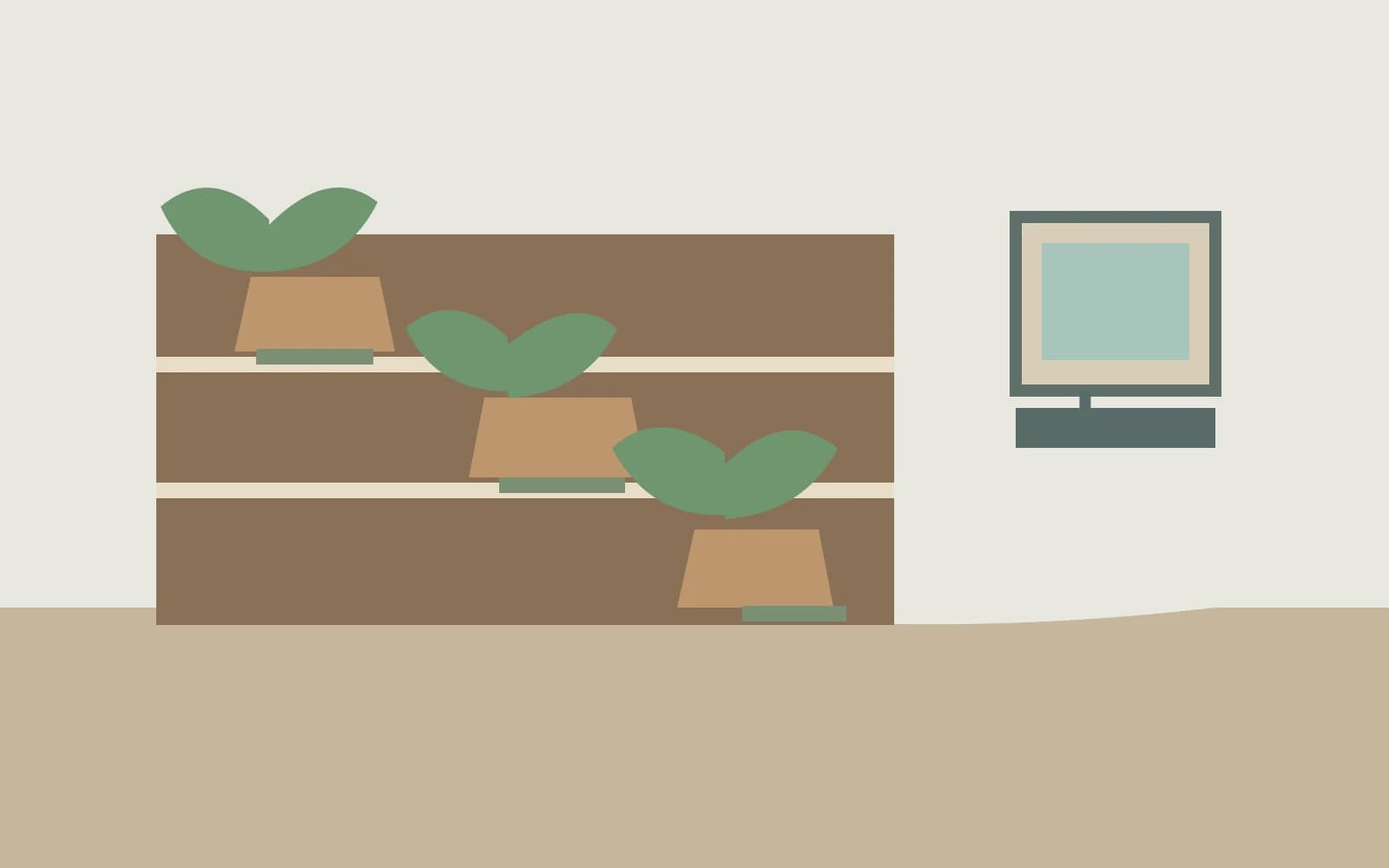 Potted indoor plants on tiered shelving beside a separate equipment unit