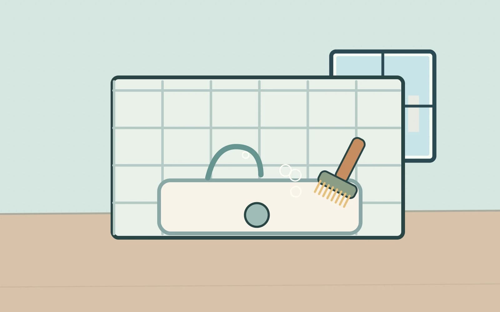 Bathroom grout and basin cleaned with a soft brush and suitable technique