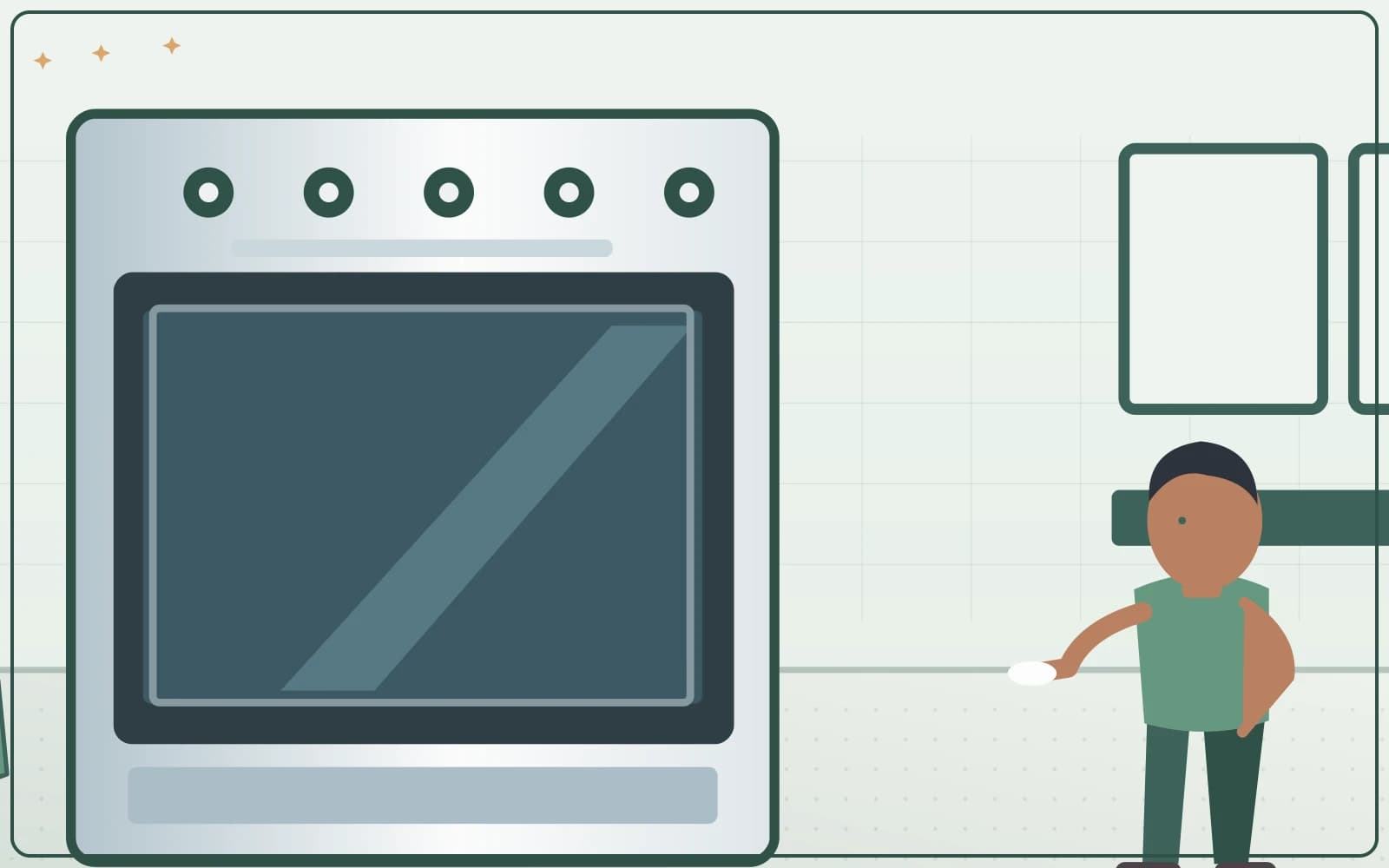 Illustration of a kitchen oven and its exterior being cleaned according to appliance guidance