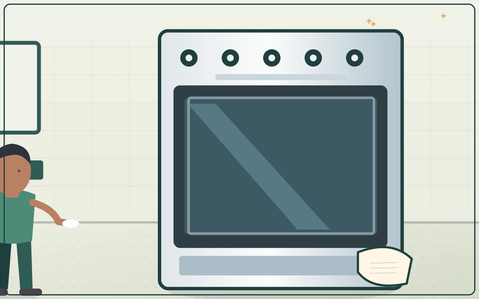 Illustration of a kitchen oven and its exterior being cleaned according to appliance guidance