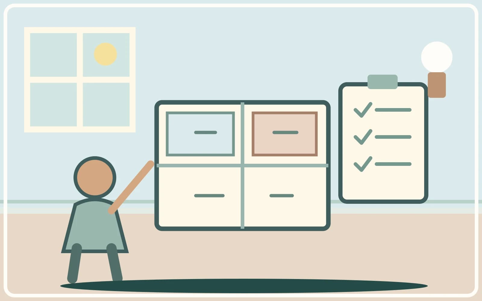 A homeowner and cleaner review a room plan and task checklist before agreeing a domestic cleaning visit