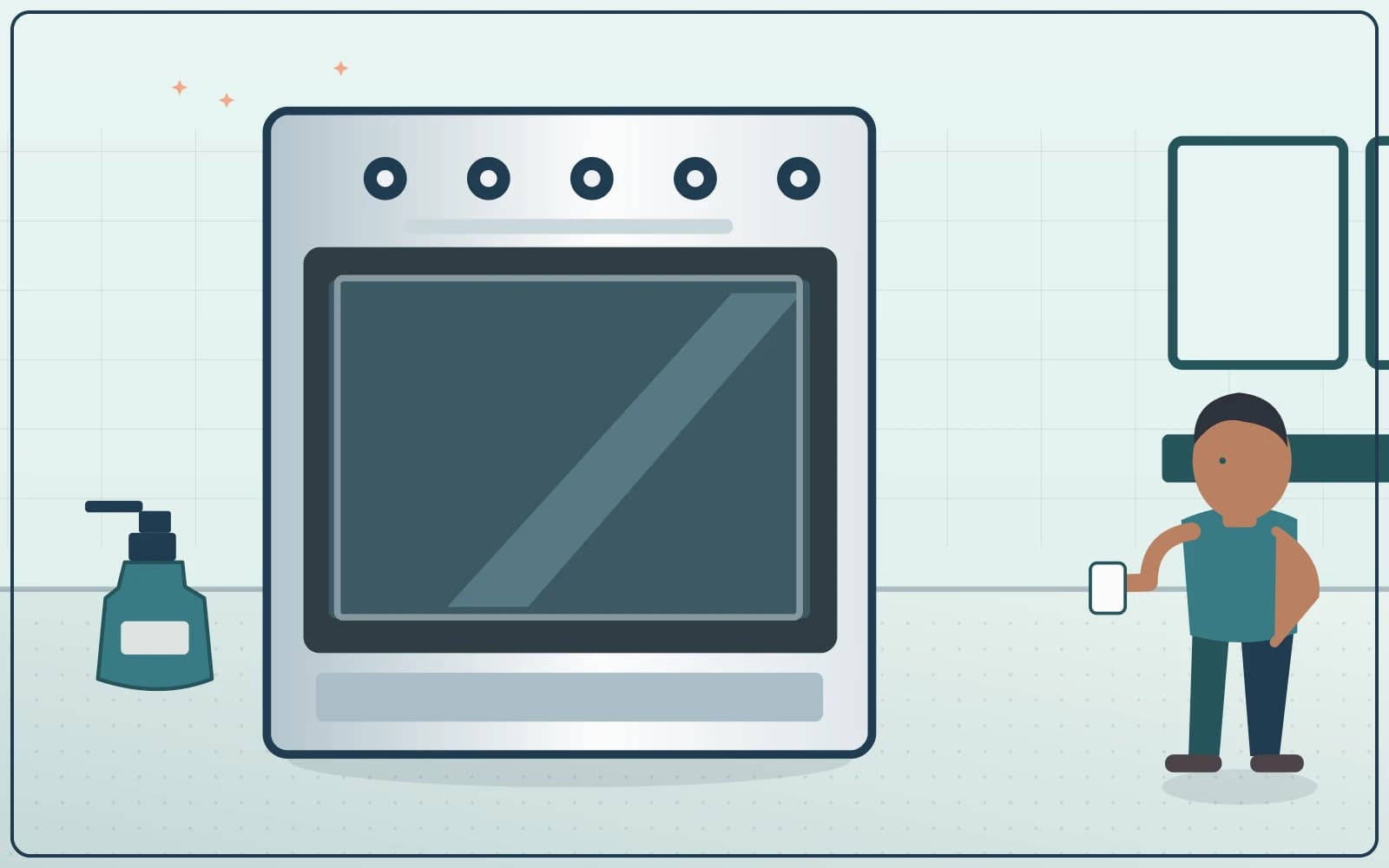 Illustration of a kitchen oven and its exterior being cleaned according to appliance guidance