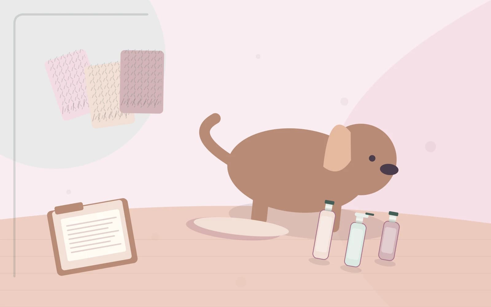 Comfortable carpeted living room with pet bed at a distance from neatly staged unlabelled cleaning-product bottles.