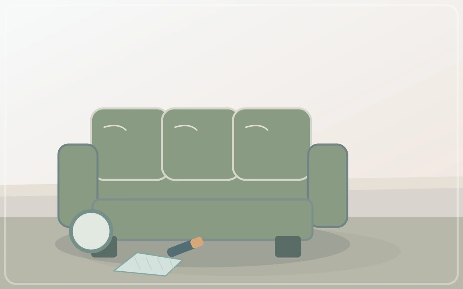 Fabric sofa inspected for wear with a portable upholstery tool nearby