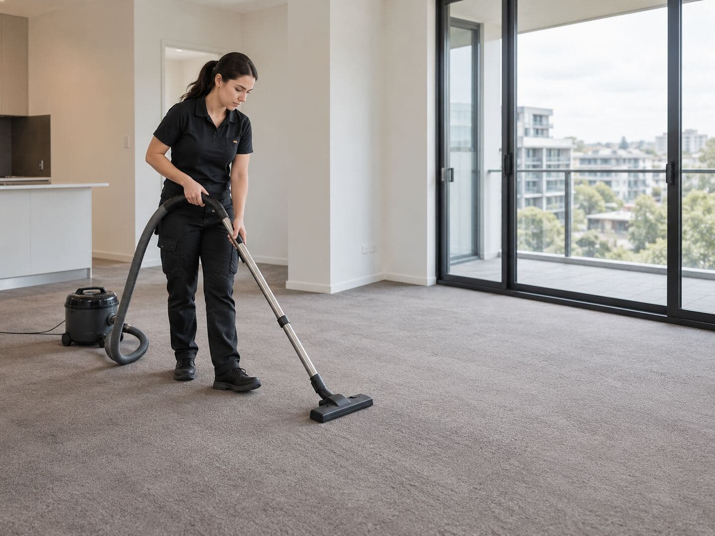 Professional cleaner completing an end of lease clean in an empty Australian rental