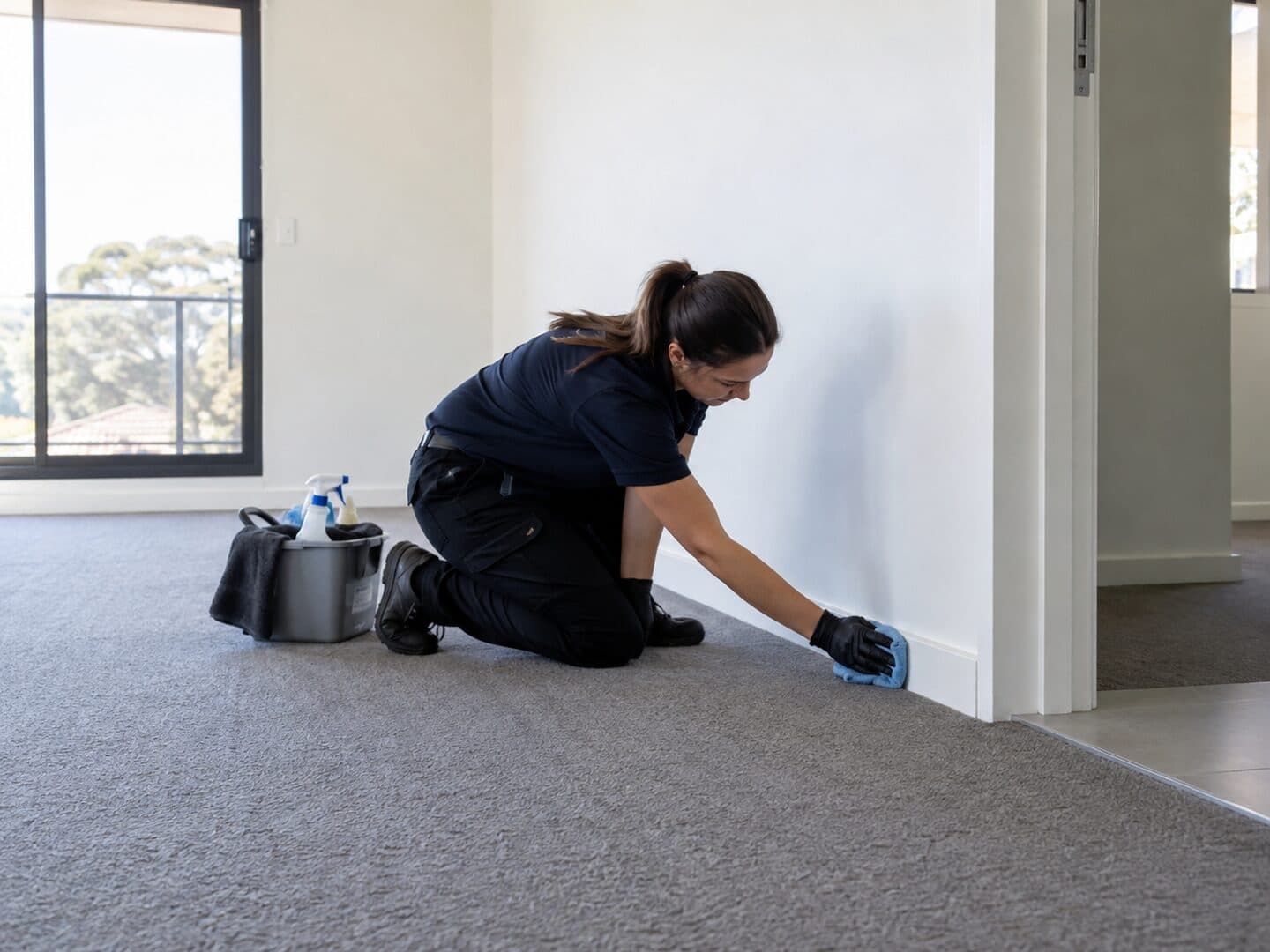 Professional cleaner preparing a rental bathroom for the final inspection