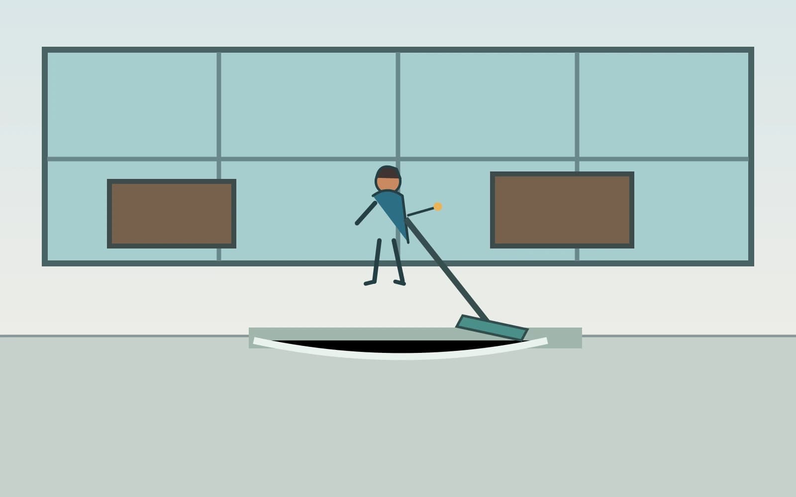 An after-hours office cleaner damp-mops the reception floor beside closed workstations