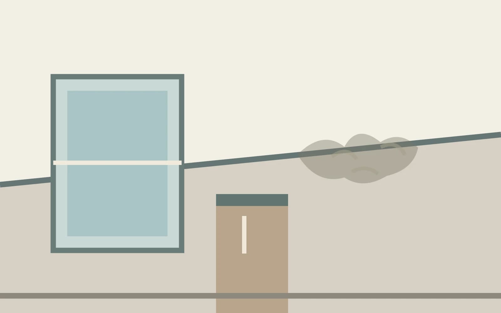 Ceiling corner with a limited discoloured patch and a closed doorway, without cleanup activity