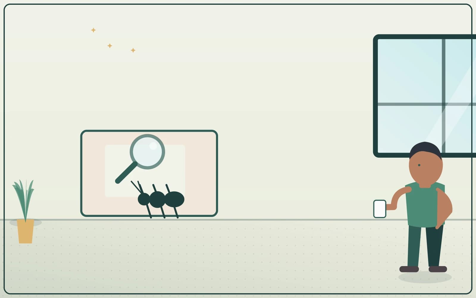 Illustrated pest-inspection scene in a home with safety-first visual guidance